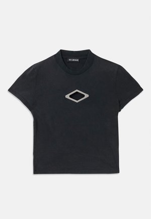 Black short-sleeve cropped t-shirt with a round neckline and a silver diamond-shaped cutout design in the center front.