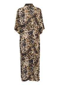 Abito a stampa leopardata in un tessuto leggero, con maniche corte, collo a camicia e una silhouette ampia, di lunghezza al ginocchio.