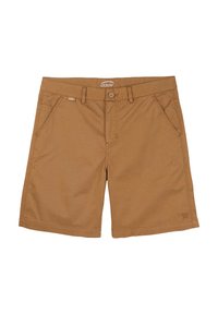 Shorts en coton marron avec une texture lisse, poches avant, braguette à bouton et un logo sur la ceinture. Pas de motifs ou de décorations visibles.