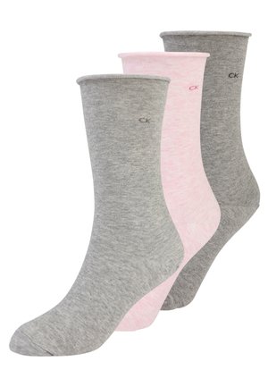 Cotton sock set of three: two gray, one pink. Standard crew length with a soft texture. Small "CK" logo on the ankle.
