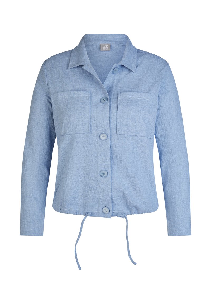 Light blue button-up jacket with a collared neckline, two chest pockets, and a drawstring hem. Textured fabric with a casual design.