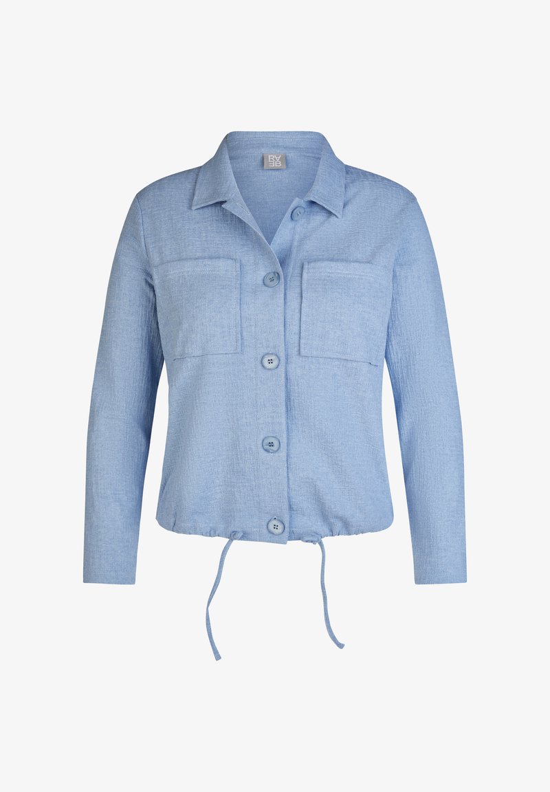Light blue button-up jacket with a collared neckline, two chest pockets, and a drawstring hem. Textured fabric with a casual design.