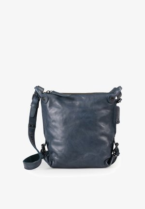 Dunkelblaue Leder-Umhängetasche mit verstellbarem Riemen und oberem Reißverschluss, vor weißem Hintergrund dargestellt.