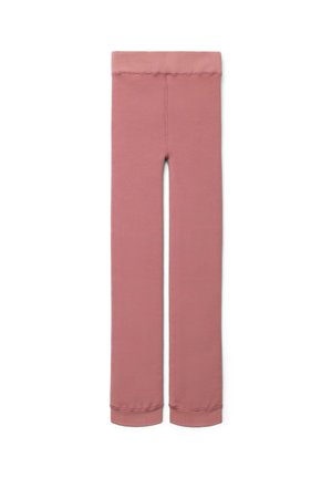 Leggings rosa con una texture liscia, cintura elastica e design aderente. Presentano polsini alla caviglia per una vestibilità aderente.