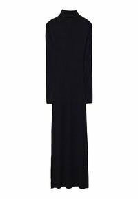 Robe en maille côtelée noire avec un col montant et des manches longues, présentant une silhouette droite et un design à longueur complète.