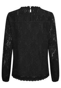 Svart spetsblus med hög halsringning, långa ärmar och vågig fåll. Utsmyckad med ett blomm önster över tyget och nyckelhålslutning bak.