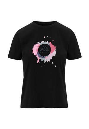 T-shirt nera in cotone con un design a spruzzo colorato e un logo centrale. Maniche corte e scollo rotondo. Texture morbida.
