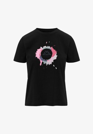 T-shirt nera in cotone con un design a spruzzo colorato e un logo centrale. Maniche corte e scollo rotondo. Texture morbida.