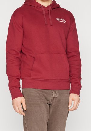 Homme portant un sweat à capuche rouge Hollister avec poche frontale et pantalon marron, debout les mains détendues le long du corps contre un fond uni.