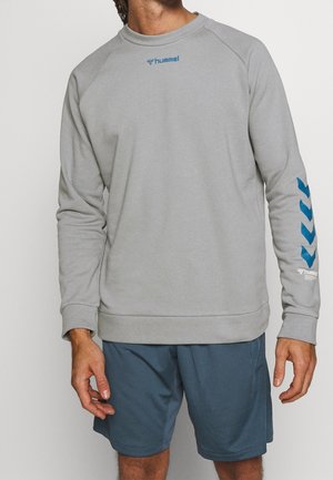 Sudadera gris con cuello redondo, mangas largas, logo azul y acentos de patrón de chevron en la manga izquierda, combinada con pantalones cortos azules.