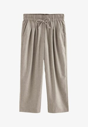 Pantalones gris claro con pliegues en la parte delantera, cintura elástica y cordón. Hechos de una tela suave con una textura lisa.