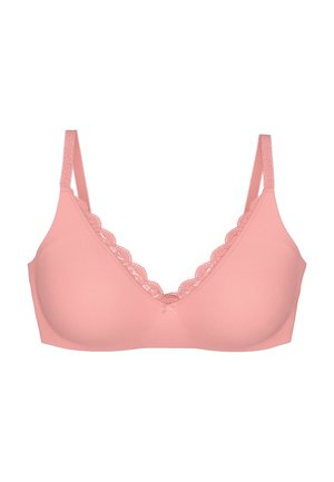 Zachte roze draadloze bh met gegolfde kanten rand langs de V-halslijn en verstelbare schouderbandjes.