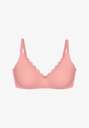 Zachte roze draadloze bh met gegolfde kanten rand langs de V-halslijn en verstelbare schouderbandjes.