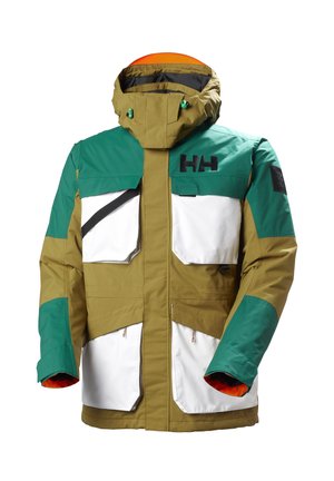 Herren-Skijacke in Olivgrün, Teal und Weiß. Verfügt über einen hohen Kragen, mehrere Taschen und ein kontrastierendes oranges Innenfutter. Robustes Material.