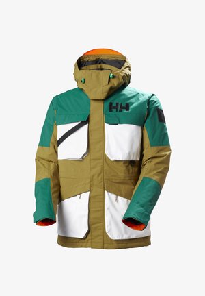 Herren-Skijacke in Olivgrün, Teal und Weiß. Verfügt über einen hohen Kragen, mehrere Taschen und ein kontrastierendes oranges Innenfutter. Robustes Material.