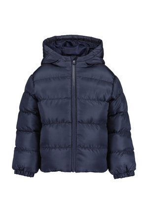 Veste matelassée bleu marine pour enfants avec capuche, fermeture éclair intégrale sur le devant et poignets élastiques aux manches longues.
