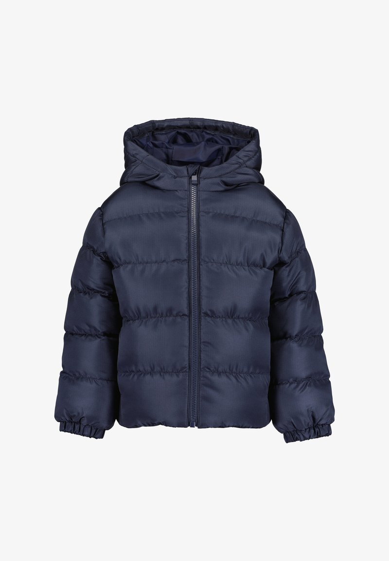 Veste matelassée bleu marine pour enfants avec capuche, fermeture éclair intégrale sur le devant et poignets élastiques aux manches longues.