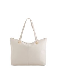 Weiße Leder-Handtasche mit zwei langen Tragegriffen, Rei�ßverschluss oben und goldfarbigen Hardware-Details, die ein elegantes, minimalistisches Design aufweist.