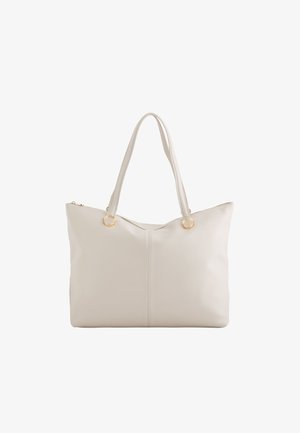 Weiße Leder-Handtasche mit zwei langen Tragegriffen, Reißverschluss oben und goldfarbigen Hardware-Details, die ein elegantes, minimalistisches Design aufweist.