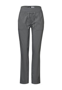 Pantalon gris avec une taille élastique, détail de cordon de serrage et deux poches avant. Tissu lisse avec un design à jambes droites.