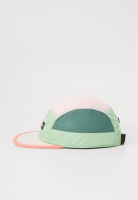 Five-panel cap with a pink, green, and pale orange design, featuring a flat brim, mesh panels, and a black logo tag.