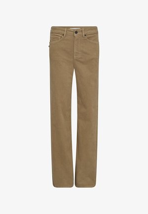 Pantalones rectos de algodón beige con un diseño de cinco bolsillos, cierre de botón metálico y una textura sutil. Construcción duradera y versátil.