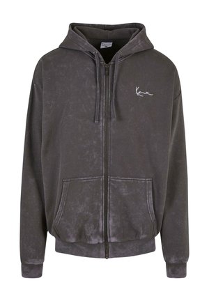 Mørkegrå zip-up hoodie lavet af blødt, tekstureret stof. Har en hætte med snoretræk, forlommer og et diskret logo på venstre bryst.