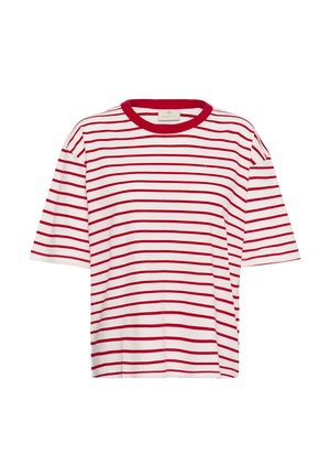 T-shirt à manches courtes rayé rouge et blanc avec un col rond et une coupe ample. Tissu doux avec des détails de coutures visibles.