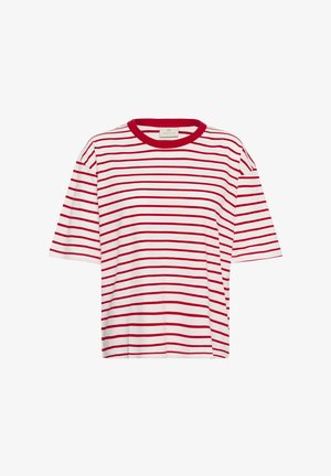 Rood-wit gestreept T-shirt met korte mouwen, een ronde halslijn en een losse pasvorm. Zachte stof met zichtbare naaddetails.