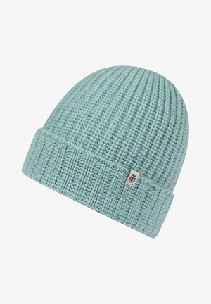 Knitted beanie in light mint green, featuring a ribbed texture and a folded cuff; includes a small sewn label on the side.