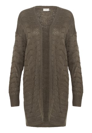 Cardigan en tricot couleur vert olive avec une coupe ample, un décolleté en V profond et un motif texturé. Doté d'un devant ouvert et de manches longues. Matière douce.