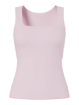 Αμάνικη ροζ παστέλ εφαρμοστή μπλούζα με τετράγωνο λαιμόκοψη και καθαρή, λεία υφή υφάσματος.