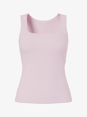 Rukávůvový světle růžový přiléhavý top se čtvercovým výstřihem a hladkou, čistou texturou látky.