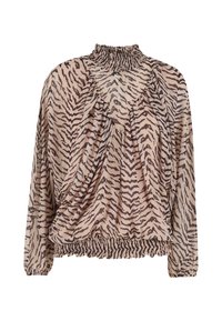 Bluzka z długim rękawem w beżowo-brązowe paski tygrysie, z wysokim marszczonym dekoltem, elastycznymi mankietami oraz elastycznym paskiem w talii, ze szczegółami z marszczonego materiału.