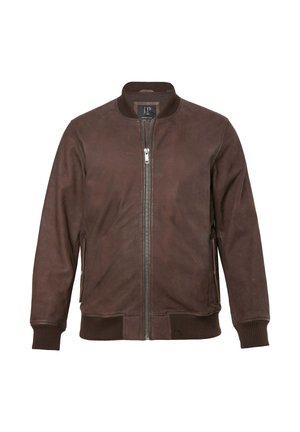 Veste bomber en daim marron avec col, poignets et ourlet côtelés, dotée d'une fermeture éclair à l'avant et de deux poches latérales zippées.