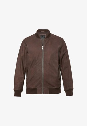 Brun ruskinds bomberjakke med ribbet krave, manchetter og kant, udstyret med en forenden lynlås og to lynlåslommer på siden.
