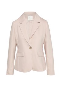 Blush roze blazer met een getailleerde pasvorm, notch revers, enkele knoopsluiting en twee voorzakken. Gemaakt van zachte stof met een gladde textuur.