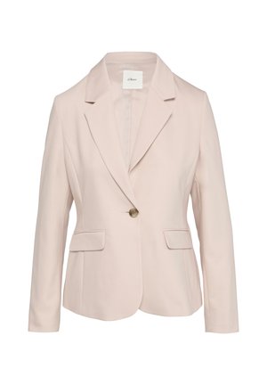 Blush roze blazer met een getailleerde pasvorm, notch revers, enkele knoopsluiting en twee voorzakken. Gemaakt van zachte stof met een gladde textuur.