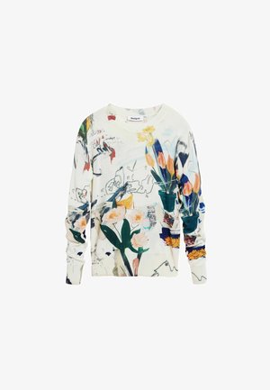 Pulover s cvjetnim uzorkom u boji slonovače, ukrašen višebojnim cvijećem, lišćem i apstraktnim dizajnom, s rebrastim rubovima na rukavima i izrezu.