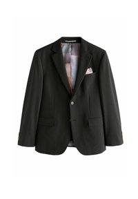 Blazer noir avec revers crantés, deux poches avant, fermeture à un bouton, et doublure avec motif multicolore. Accents de boutons en laiton sur les manches.