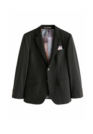 Blazer noir avec revers crantés, deux poches avant, fermeture à un bouton, et doublure avec motif multicolore. Accents de boutons en laiton sur les manches.