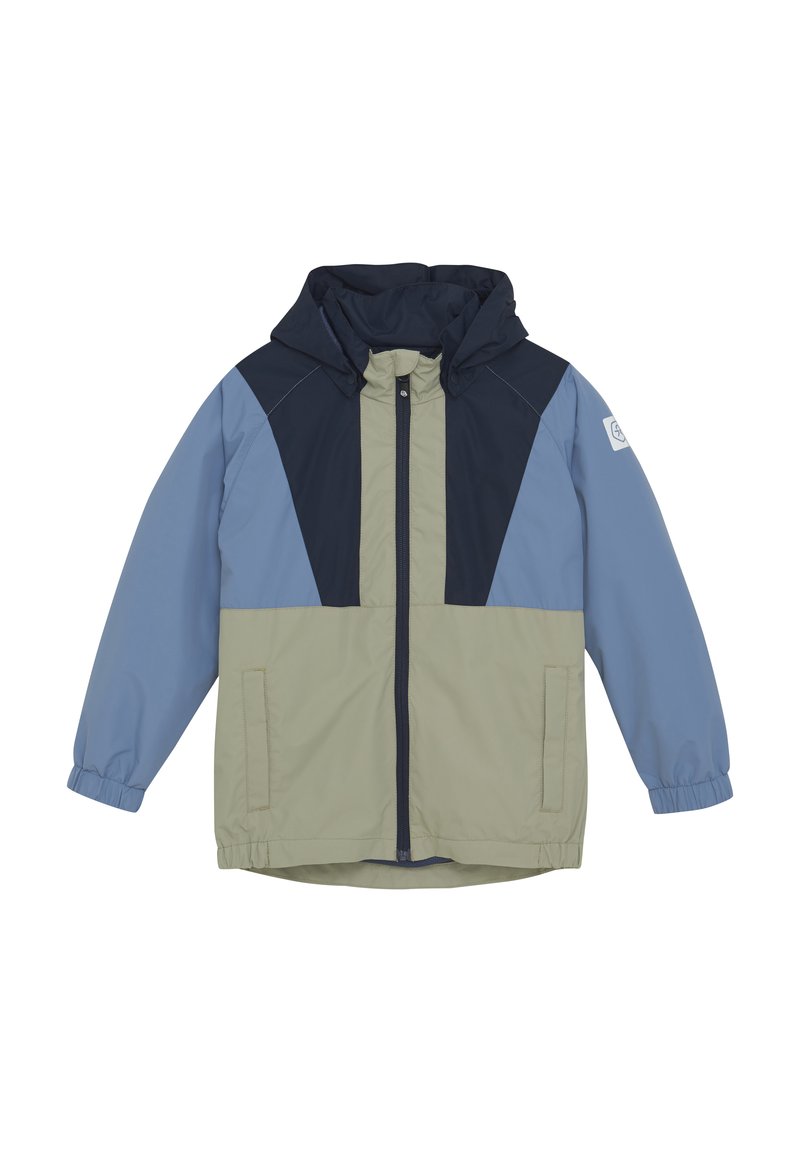 Farbblockierte Jacke mit einem Design in Marineblau, Hellblau und Olivgrün. Mit Kapuze, Vorderreißverschluss und elastischen Bündchen.