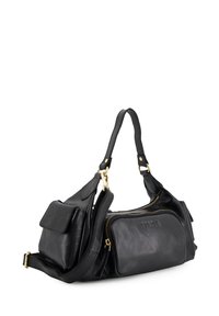 Black leather shoulder bag with front zip pocket, flap side pocket, gold hardware, and detachable strap, shown against white background.