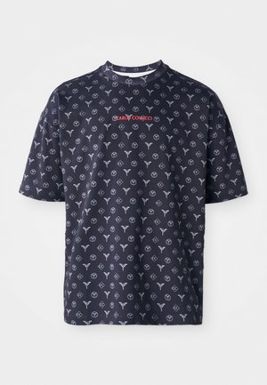 Black cotton t-shirt featuring a repeated pattern of light gray logos and symbols, with "CARLO COLUCCI" in red across the chest.