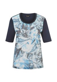 Korte mouwen T-shirt met een blauw bloemmotief, voorzien van een ronde hals en navy kleurgeblokte mouwen. Gemaakt van zacht, lichtgewicht materiaal.