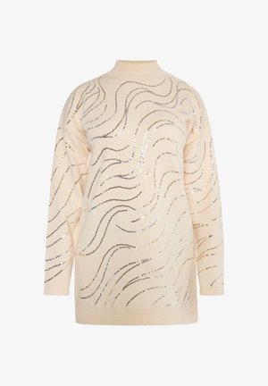 Beige Strickpullover mit hohem Kragen, der gewellte Muster aus goldenen und silbernen Pailletten auf der Vorderseite aufweist. Lange Ärmel, lockere Passform.
