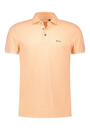Polo shirt in licht perzik katoen met een kraag, een knoopsluiting met twee knopen met contrasterende knopen, en een geborduurd logo op de borst.