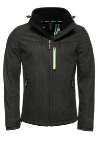 Veste zippée pour homme de couleur gris foncé avec col haut, cordons de réglage noirs et fermeture éclair vert fluo sur la poche poitrine, vue de face.