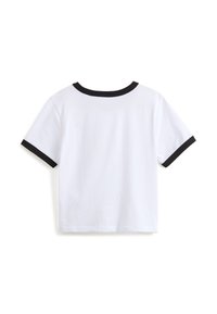 Hvid bomulds t-shirt med sort ribbet krave og ærmer, korte ærmer og en lige nederste kant, der udstråler et simpelt, klassisk design.