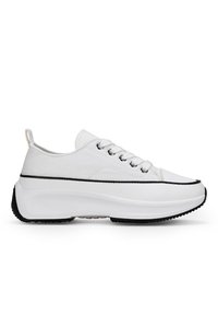 White canvas sneakers with a rounded, elevated sole, featuring black accents and five lace eyelets. Smooth texture with minimal design elements.